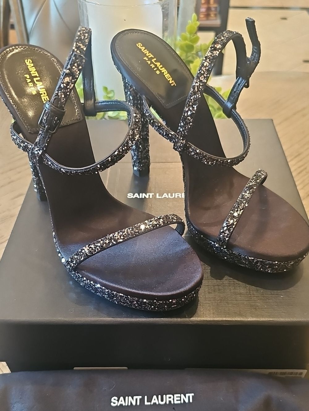 Saint Laurent Black Glitter Platform High Heel Sandals Size 38 NWT